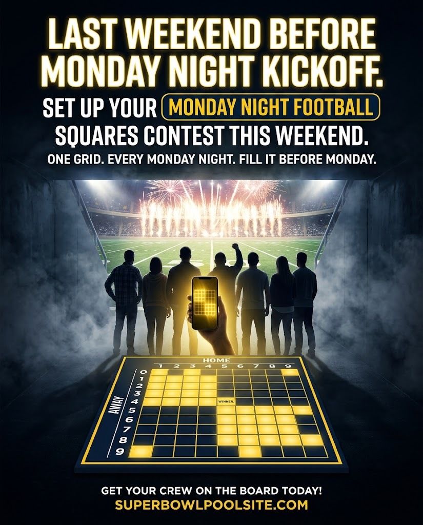 sbpsonline's tweet photo. Monday night is almost here. One board covers every MNF game this season, with different teams every week and a winner every quarter. This weekend is your window to fill squares before the first kickoff. https://t.co/JdqCMu3ROe  #MondayNightFootball https://t.co/OrMr1bHQ2F
