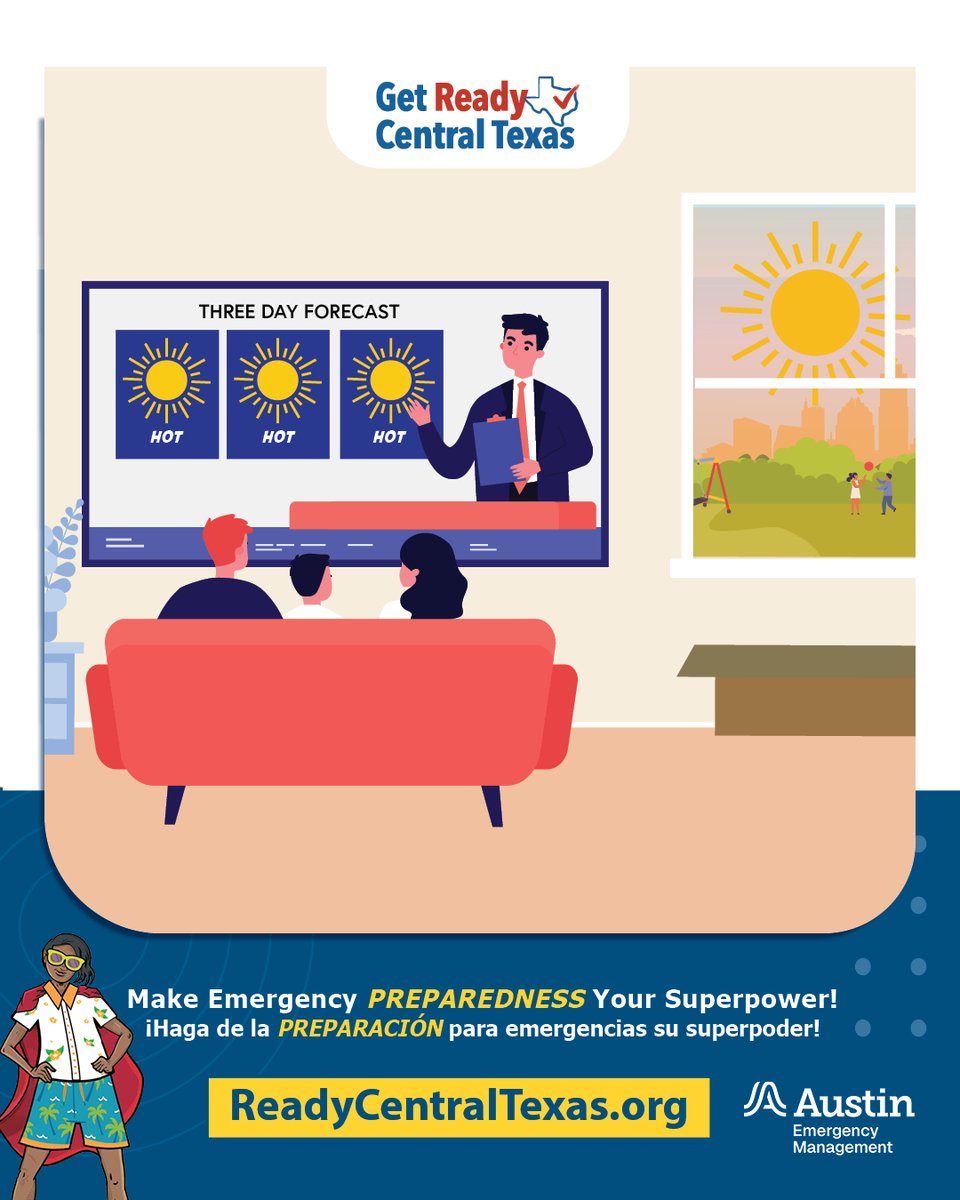 AustinHSEM's tweet photo. Texas summers hit hard—know your heat risks! During heatwaves, stay cool indoors, hydrate frequently, and check on vulnerable family/community members. Learn more at https://t.co/hX5cG8xDnA https://t.co/KxeQmCvk7T