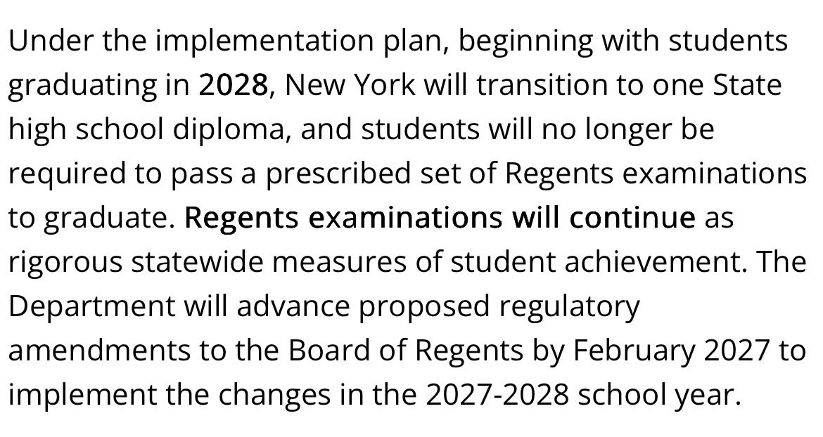 neetu_arnold's tweet photo. 🧵TODAY: New York has decided it will no longer require high schoolers to pass Regents exams to graduate

Goes into effect for the Class of 2028 https://t.co/xdUMNE46Kf