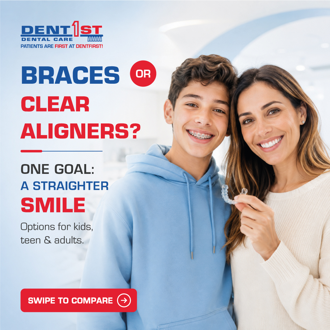 DentFirst's tweet photo. Braces or clear aligners? Orthodontic options are available for kids, teens and adults. Schedule a DentFirst consultation to find the right fit for your   smile. #Orthodontics #DentFirst https://t.co/5jh9J2NZR8