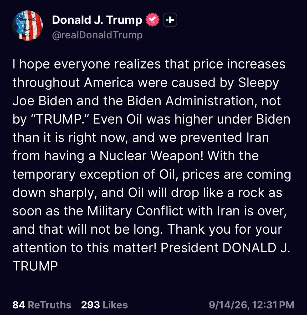 KobeissiLetter's tweet photo. BREAKING: President Trump says price increases being seen in the US were caused by "Joe Biden, not Trump."

Trump says that oil prices were higher under Biden than they are right now and prices are "coming down sharply" with the "temporary exception of oil." https://t.co/w5fjoTk1bW