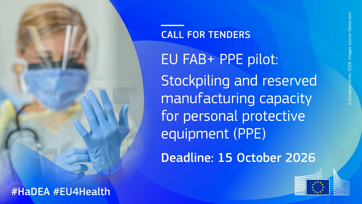 EU_HaDEA's tweet photo. One month left to apply for the #EU4Health call for tenders to ensure the rapid availability of personal protective equipment.

Help enhance preparedness for future health emergencies in the EU: https://t.co/jkEoDV1uNU https://t.co/K0GccdrL3n