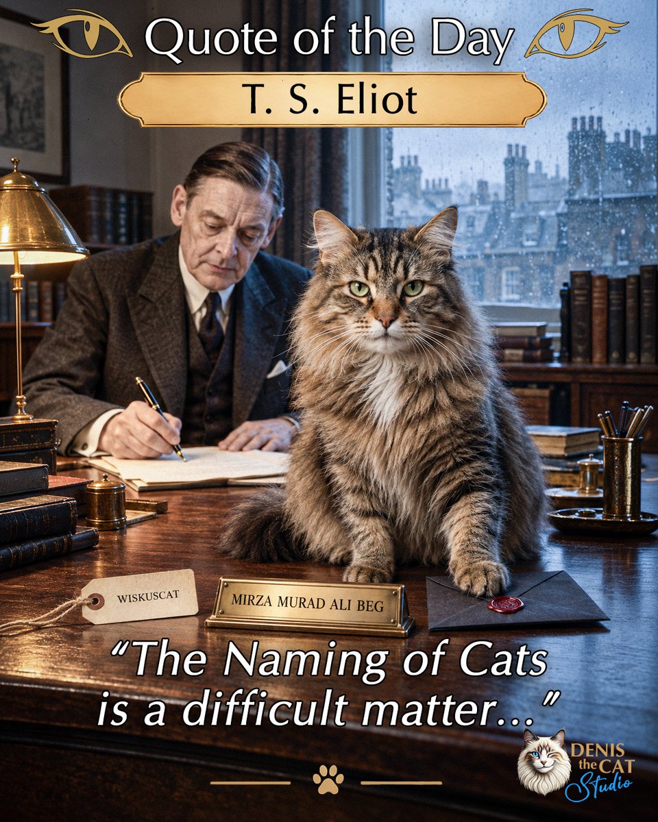 DenisTheCatStd's tweet photo. Humans trust names, titles, and labels. Cats know these reveal only what they choose to share. The truest name remains private, guarded beneath one authoritative paw.

What might your cat’s secret name mean?
— Denis The Cat
#DenisTheCatStudio #QuoteOfTheDay #TSEliot https://t.co/dvcYbmMRf0
