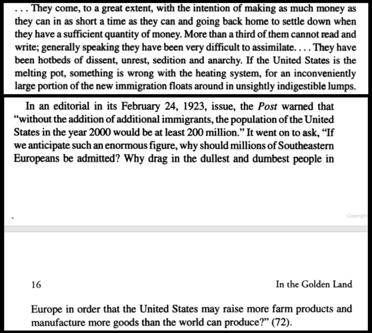 derzum_'s tweet photo. An article in the Saturday Evening Post from 1923, before Johnson-Reed, says, 

‘Without additional new immigrants, the population of the U.S. in the year 2000 would be at least 200 million.
If we anticipate such an enormous figure, why should millions more be admitted to come?’ https://t.co/3jvvli6mA3