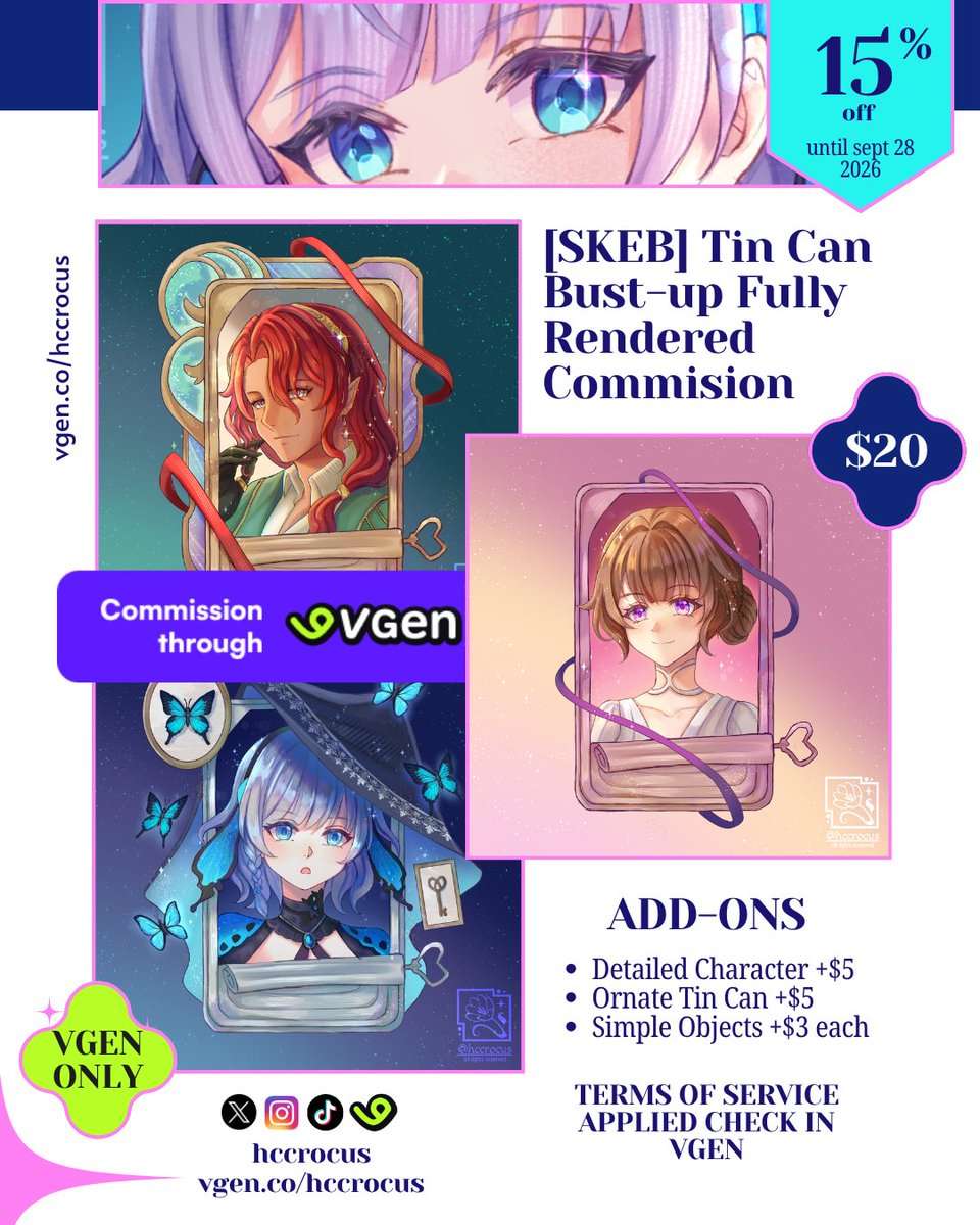 hccrocus's tweet photo. I'm opening commission for the first time in VGen! There is 15% grand opening discount for 2 weeks!

https://t.co/2QMjXKRklK

Comms: (b4 discounts)
Tin can skeb start from $20
Half body skeb start from $35

I look forward to draw your beautiful characters
Rt &amp; 💙 are appreciated https://t.co/Sqc1VPfwfX