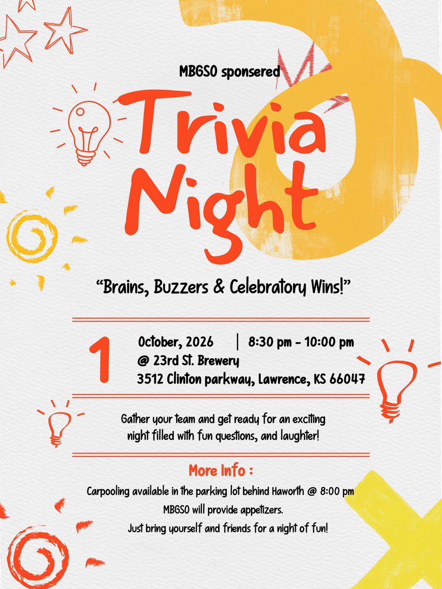 KUMBGSO's tweet photo. We are excited to announce our schedule for events in Fall 2026, we are planning to host 3 fun events for this semester

1. Trivia Night - October 1st
2. Halloween Event - October 29th
3. Friendsgiving -  November 21st

See below for details on our first event! https://t.co/eSOBAmdCua