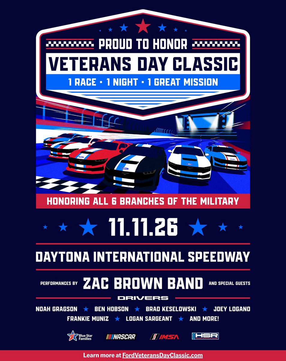 DAYTONA's tweet photo. A night of racing to honor all who have served. 🇺🇸

Excited to announce the Proud to Honor Veterans Day Classic is coming to DAYTONA on November 11!

🎟️ GET INFO: https://t.co/8v22H59Nxd https://t.co/JqdoUQBMbz
