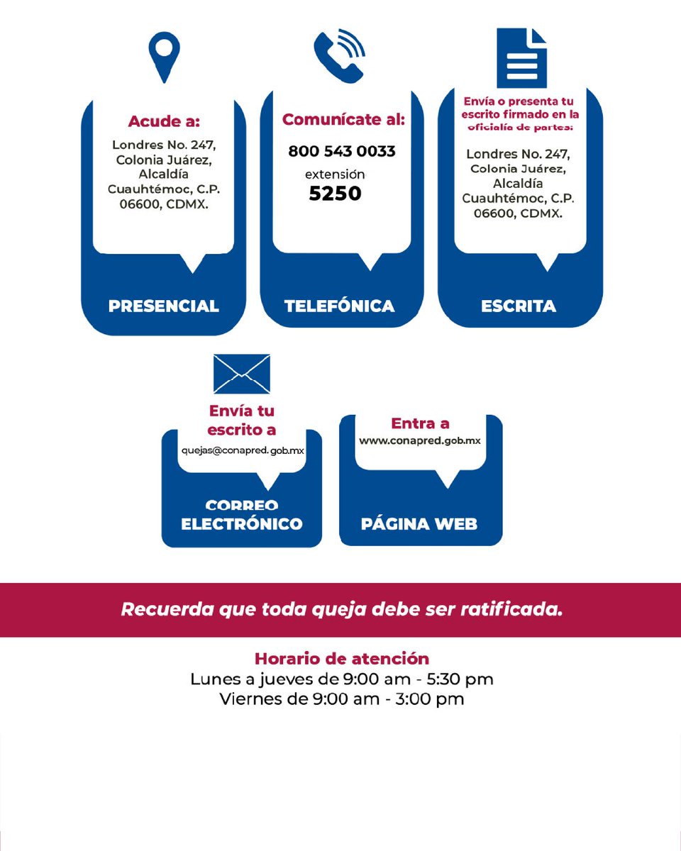CONAPRED's tweet photo. ¿Necesitas iniciar una queja o solicitar orientación? 
Es muy sencillo, lo puedes hacer a través de las siguientes vías.👇🏾

➡️Correo electrónico: quejas@conapred.gob.mx
➡️Teléfono: 800 543 0033 ext. 5250
➡️Formulario electrónico en la página web: https://t.co/nlIYqUuEkF
➡️Presencial o por escrito en: Londres 247 Col. Juárez, Alcaldía Cuauhtémoc, Ciudad de México.

¡Acércate al Conapred!