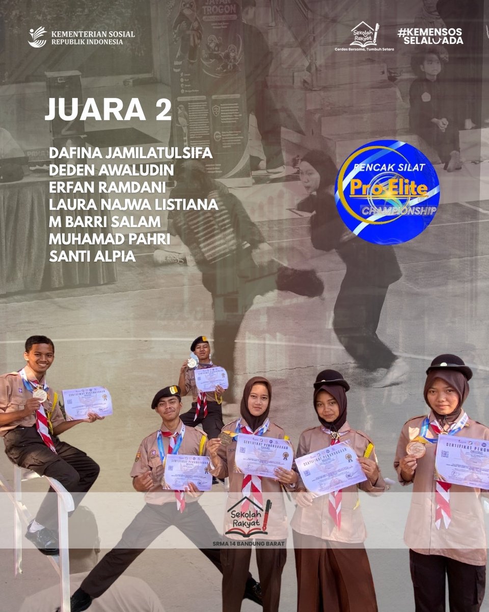srma14kbb's tweet photo. Selamat kepada tim SRMA 14 Bandung Barat atas pencapaian luar biasa tim kita dalam Kejuaraan Pencak Silat Pro Elite 2026 yang berlangsung pada 10–13 September 2026 di GOR Padjajaran, Bandung!
🔥🏆

#SekolahRakyat #Kemensosselaluada https://t.co/Rh2fylC3S3