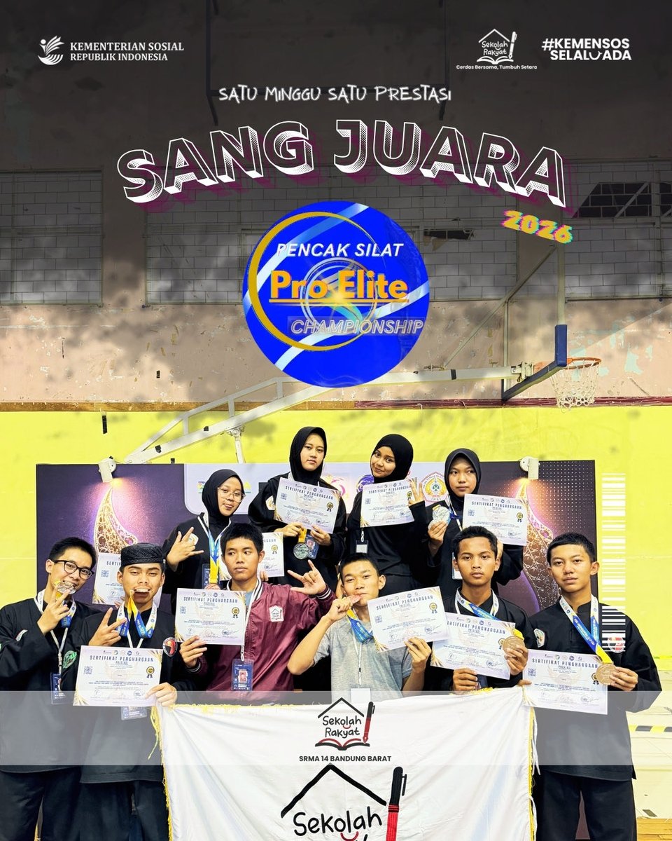 srma14kbb's tweet photo. Selamat kepada tim SRMA 14 Bandung Barat atas pencapaian luar biasa tim kita dalam Kejuaraan Pencak Silat Pro Elite 2026 yang berlangsung pada 10–13 September 2026 di GOR Padjajaran, Bandung!
🔥🏆

#SekolahRakyat #Kemensosselaluada https://t.co/Rh2fylC3S3