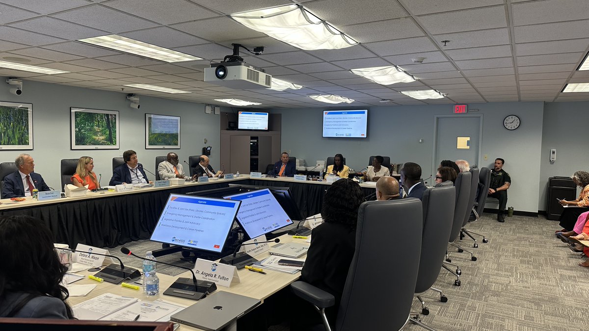 People holding a meeting in a room with square table format. Monitors and photographs in room. Message: 🤝 Working together for a better Broward!
The Broward County Commission and Broward County School Board recently held a joint workshop focused on opportunities to strengthen collaboration and better serve residents, families and students.
Discussions included:
🏞️ Shared use of parks, libraries and community spaces
🌀Emergency management and shelter coordination
🏛️Legislative priorities and joint advocacy
💼Workforce development and career pathways
#BrowardCounty #BCPS #CommunityPartnerships #WorkforceDevelopment #EmergencyPreparedness