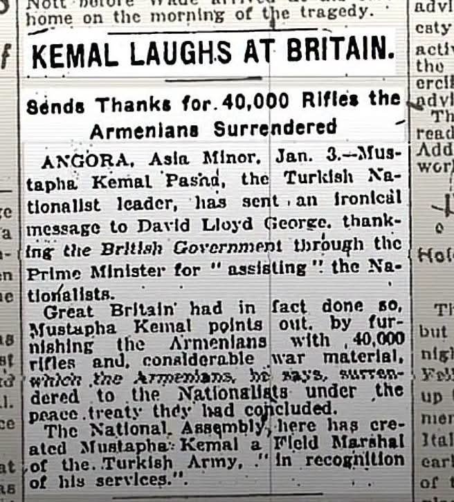 Taskent33's tweet photo. 1920 yılında İngiltere, Türk Ordusuna karşı Doğu Cehpesi'nde kullanılmak üzere Ermenistan'a 40 bin tüfek yollamıştır.

Kazım Karabekir komutasında 15. Kolordu, Ermenileri mağlup ettikten sonra 40 bin tüfekle mühimmata el koymuştur.

Bunun üzerine Mustafa Kemal Paşa, İngiltere Başbakanı  Lloyd George'a gönderdiği ironi dolu mektupta İngiltere'ye Türklere yaptığı tüfek desteği için teşekkürlerini iletmiştir. 

Bu ironik mektup 6 Ocak 1921'de The New York Times gazetesinde: ''Kemal İngiltere ile alay ediyor.'' şeklinde kendine yer bulmuştur.
@TarihKulubu 

#unutma en zor gününde bir kurtarıcı arama;
#Yeteneksiz değilsiniz 
#YetenekSİZSİNİZ