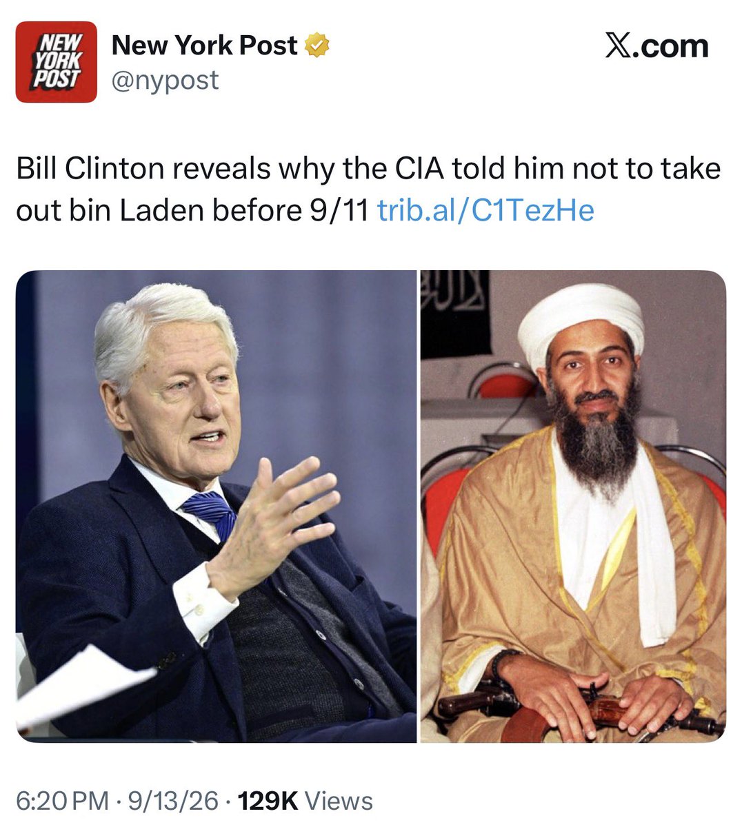 stephenbleil's tweet photo. Bill Clinton explaining that the CIA wouldn’t let him kill bin Laden reminds me of that other September 11 when a hijacked plane was flown into his house. https://t.co/wbPixMZHdp