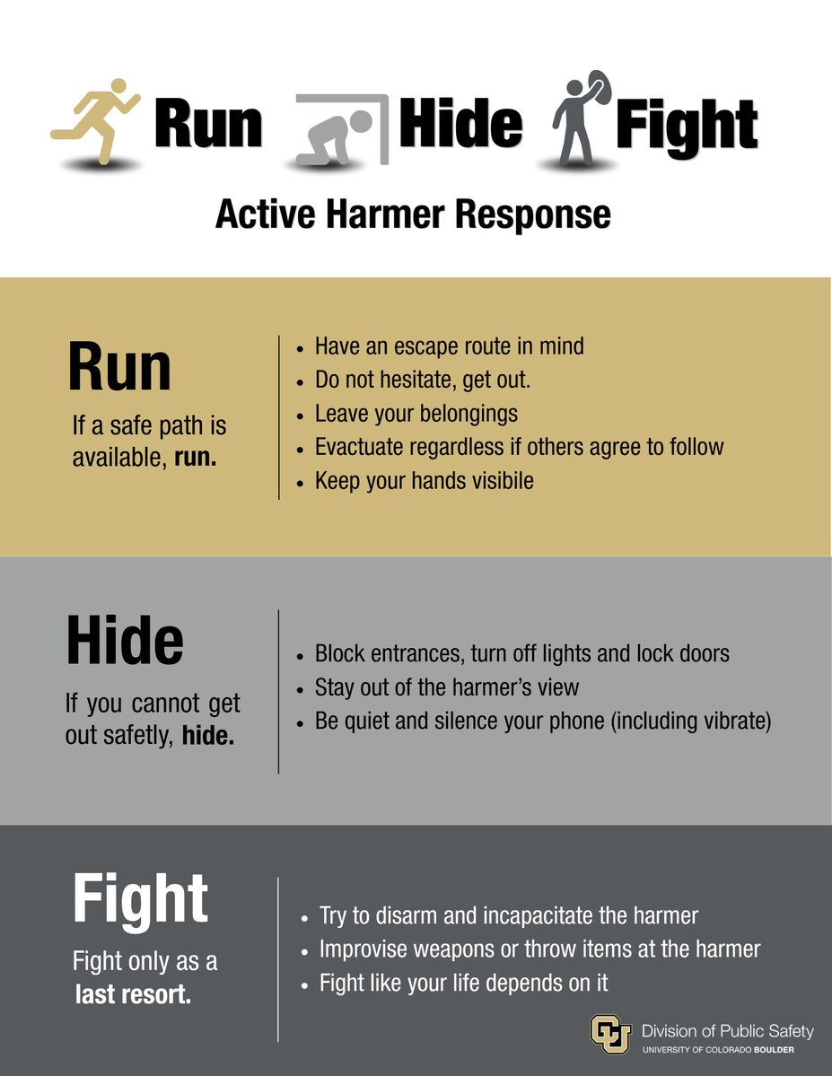 CUBoulderDPS's tweet photo. When you see โrun, hide, fightโ in a ๐ด CU Emergency Alert ๐ด, following those simple guidelines could save your life.
Learn more: https://t.co/HxbExRzKHr
#CUBoulderDPS #EmergencyPreparedness https://t.co/F9M1VzQpQ1