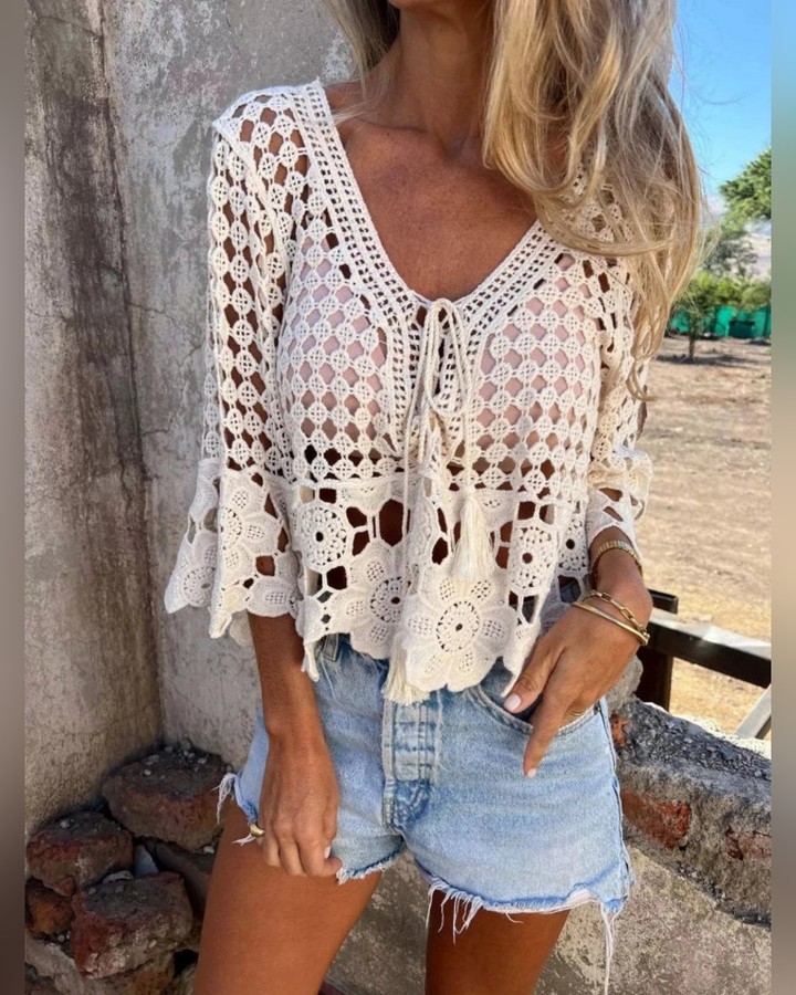 HNarima03's tweet photo. Tassel crochet knit cover-up: your swimsuit’s dramatic sidekick for snack bar struts. Breathable knit, playful peek-a-boo crochet, and instant vacation energy. Throw it on, look effortless, then nap in it. https://t.co/vNqFdpshRy
