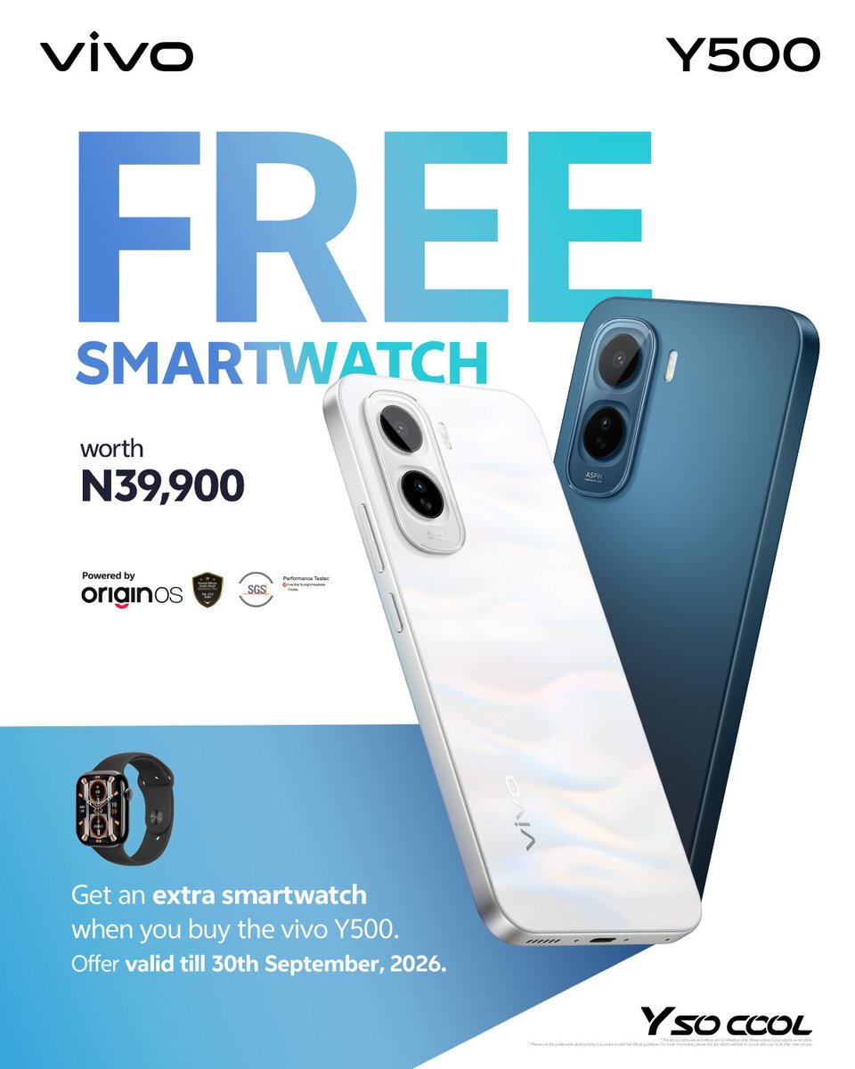 vivo__Nigeria's tweet photo. Get more when you choose the vivo Y500:
✅ Free smartwatch
✅ 90-day free replacement
✅ 2-year warranty
✅ 20% down payment via Credit Direct
More value & more reasons to choose the vivo Y500.
#vivoY500nigeria #8100mAh #AMOLEDDisplay #YSoCool #wearevivocommunity https://t.co/24ymYY9xK5