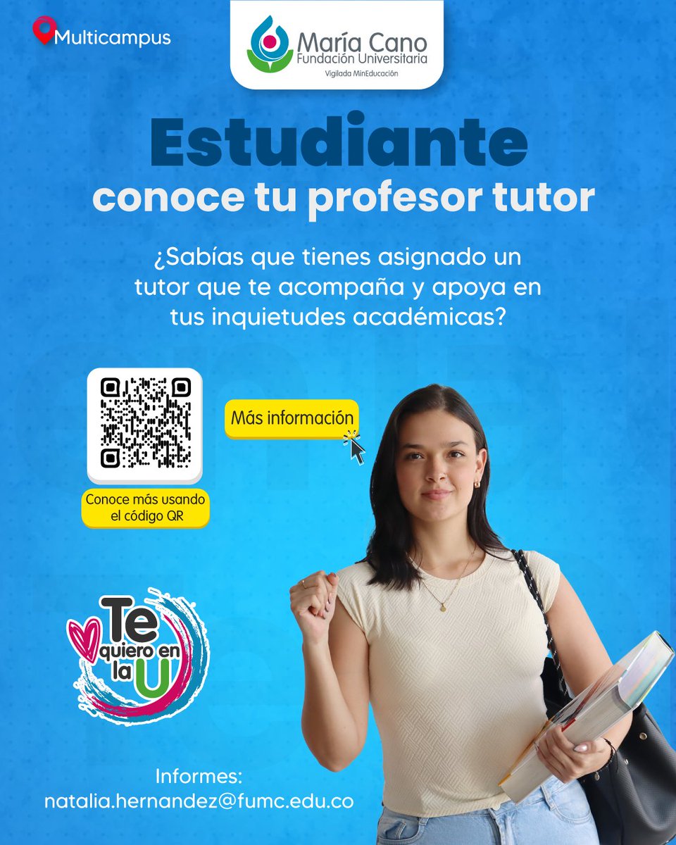 MariaCano_col's tweet photo. Estudiante, te invitamos a que conozcas el tutor asignado a tu programa académico y recibas todo el acompañamiento y asesoría que puedas requerir en cuanto a temas académicos, conócelo en escaneando el código QR o en el siguiente enlace: https://t.co/CbneBO151p https://t.co/wGLVscED3Y