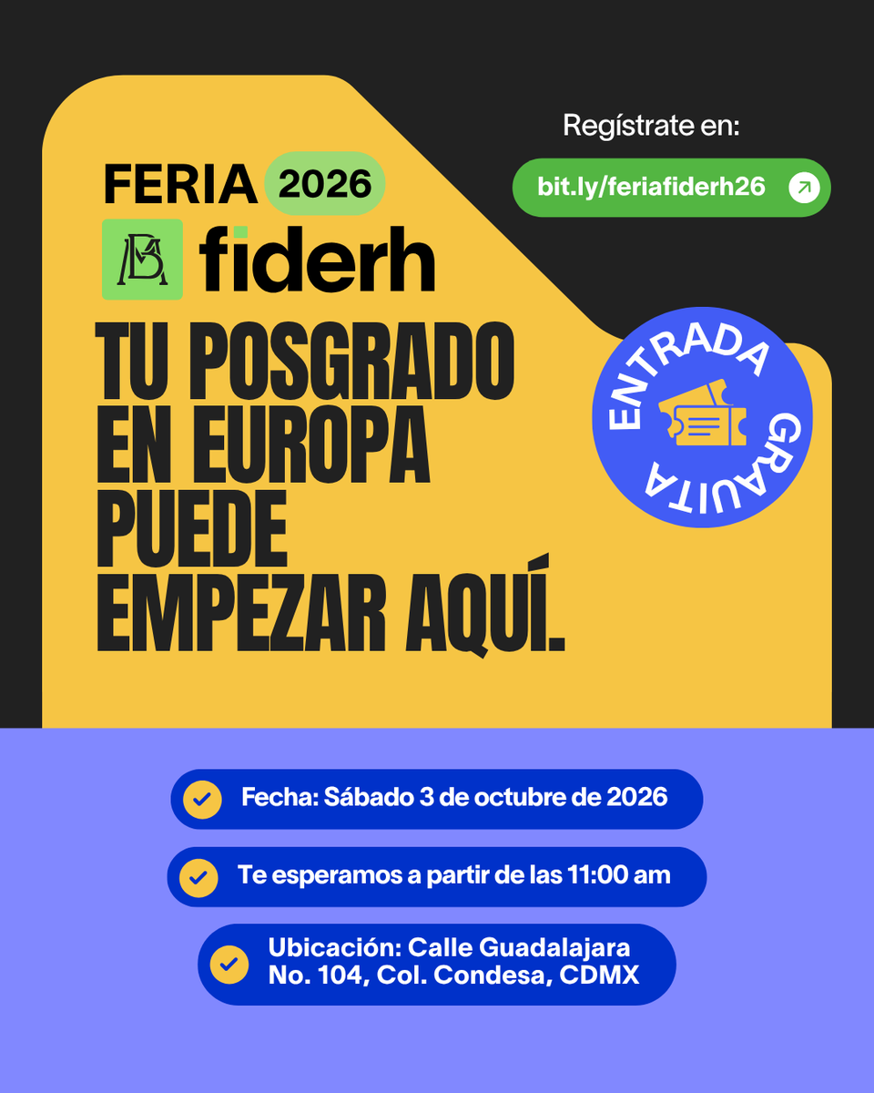 FIDERHMX's tweet photo. ¿Buscas estudiar a nivel internacional? En la Feria FIDERH 2026 contarás con la presencia de embajadas y organismos internacionales para orientarte sobre visados y movilidad académica. (2 de 2) Sábado 3 de octubre | Entrada Libre 📍 Col. Condesa, CDMX 🔗 https://t.co/i4c1gYjlTm https://t.co/SWOiDgv3kE