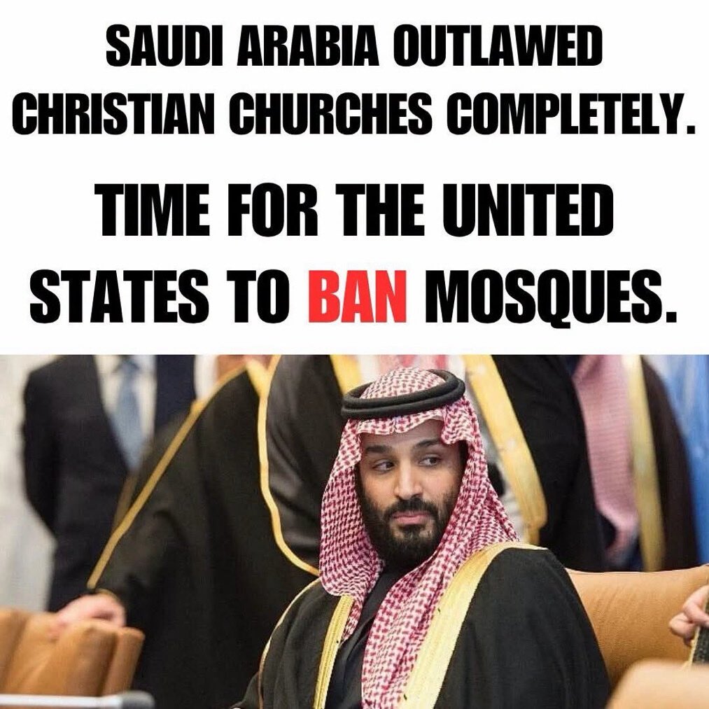 mickitiki's tweet photo. Saudi Arabia does not allow any legal, public Christian church buildings or non-Muslim houses of worship to operate in the country. Yet, Muslims have built up to 3,150 mosques in America. The recorded numbers over the last decade has increased 31%. Muslims demand tolerance while their own country gives NONE! Deport them all and dismantle every single mosque ASAP. @POTUS @JDVance @SecRubio