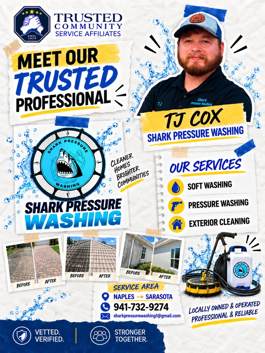 tcsaswfl's tweet photo. TCSA is proud to introduce TJ and his team provide professional exterior cleaning services.

Contact 𝗦𝗵𝗮𝗿𝗸 𝗣𝗿𝗲𝘀𝘀𝘂𝗿𝗲 𝗪𝗮𝘀𝗵𝗶𝗻𝗴 today!!!
📷 Serving Naples to Sarasota
📷 941-732-9274
📷 sharkpressurewashing1@gmail.com https://t.co/rjHV87k5RC