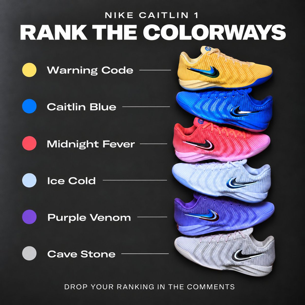 SoleRetriever's tweet photo. What's your favorite Caitlin 1 colorway? 🤔🤔 https://t.co/F7HWuDXYLK