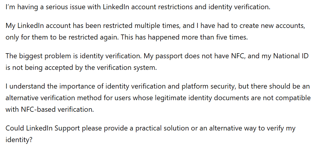 barajale20's tweet photo. I’m having a serious issue with LinkedIn account verification. https://t.co/1MRX39Vpun