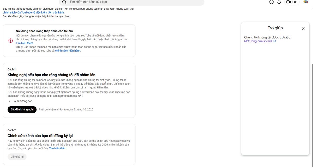 BuiHiep64's tweet photo. Hi @TeamYouTube, my channel Moon Kids TV (@moonkidsvietnam) YPP appeal button is broken &amp; redirects to Help Center instead of the form. I've prepared my unlisted appeal video. Please DM or fix the button so I can submit it. Thanks! https://t.co/LxUA9Bs2eE