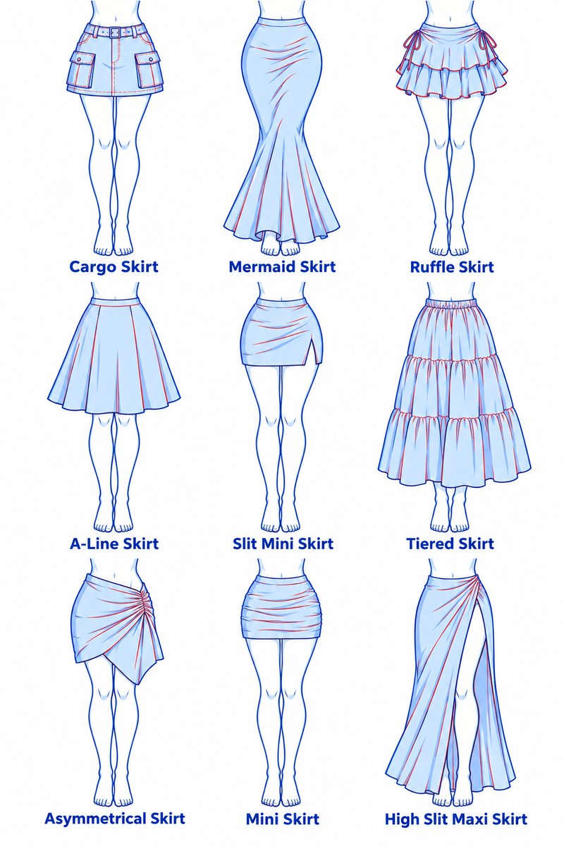 sodaguyx's tweet photo. Skirt styles for your character designs. Which one is your favorite? https://t.co/SBBC326o7L