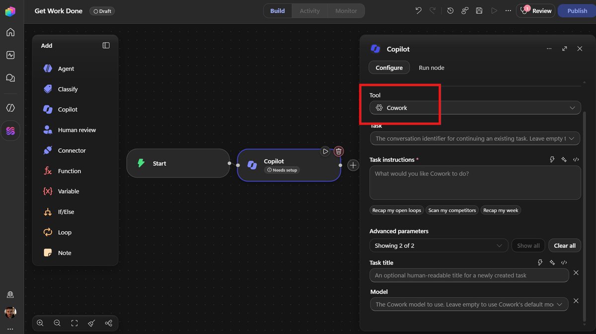 FlowAltDelete's tweet photo. You can now call Copilot Cowork from a Copilot Studio workflow!!

THIS is one of the missing pieces I’ve been waiting for.

Add a Copilot node. Select Cowork. Give it the task.

Now we can build workflows that hand work directly to Cowork.

Microsoft is cooking. https://t.co/guWpDjQ5Md