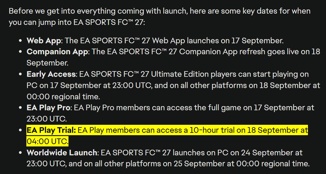 WeaverFUT's tweet photo. 🚨HUGE NEWS, EA UPDATED THE WEBSITE FOR FC 27! #FC27 

EA Play starts at 5am UK time on Friday ✅

PC and Xbox can play earlier ✅
PS can not ❌ https://t.co/iGn06sil5b