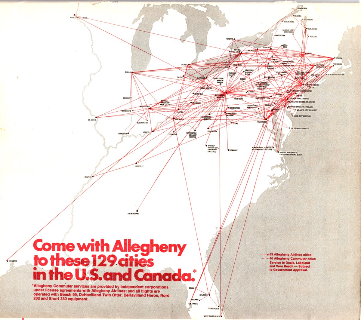 AvGeek71's tweet photo. Allegheny Airlines - September, 1979. The timetable ad is pretty interesting as it lists the 12 airlines that made up Allegheny Commuter. #airline #airlines #avgeek #avgeeks #aviation #travel #AlleghenyAirlines @TravelAds1 https://t.co/ab2ibvthcQ