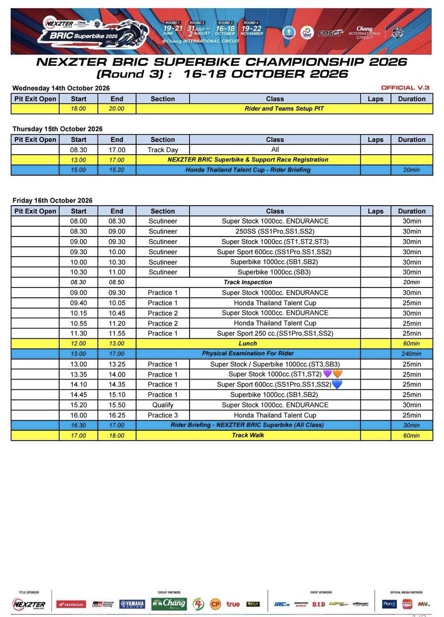 OhmIng_Turkiye's tweet photo. 🏁 NEXZTER BRIC SIPERBIKE CHAMPIONSHIP 2026 (3. Tur) için 16-18 Ekim’de Chang International Circuit’te yapılacak yarışa ait bilgiler paylaşıldı. Sizler için tek bir tabloda derledik!

🧡 Ohm ST2 (sınıf yükseldi ST3->ST2)
💙 Ing SS1 kategorilerinde yarışacak.

(💜 TNP’deki Yarışçı Pom, onu da desteklemeyi unutmayalım!) 🏍️
#ohmpawat #ingasavanund