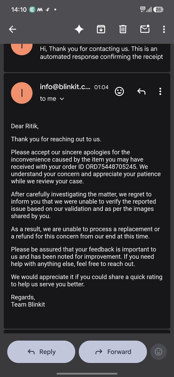 ritik3313's tweet photo. i have ordered an lipstick which had replacement policy and now when i am trying to get it replace this what i am getting from your side.
And also your help process sucks you have assigned a.i everywhere.
@letsblinkit @blinkitcares 
It been more than 48 hrs no solution yet. https://t.co/8fVhVjnxds