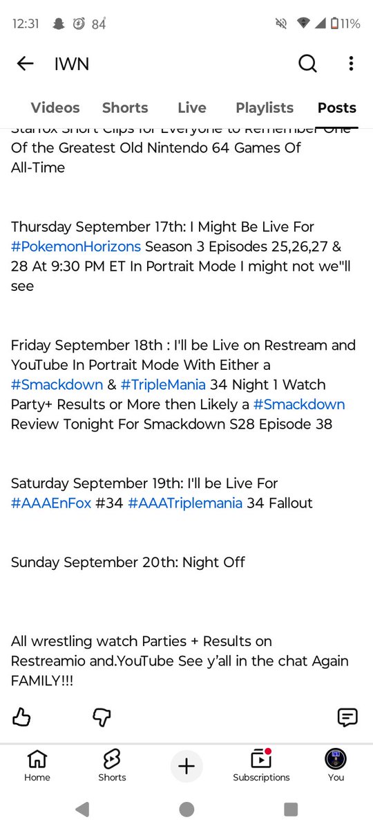 TheVillianIWN's tweet photo. IWN FAMILY! My official @YouTube schedule for Sept 14th-20th is LIVE! #WWERAW tonight, #WWENXT tomorrow, Starfox clips, #PokemonHorizons, #SmackDown + #AAAEnFox #34 #AAATripleMania 34 Fallout this weekend. See y'all in the chat!
#WWERaw #WWENXT #Smackdown https://t.co/ipp2z9J4zP