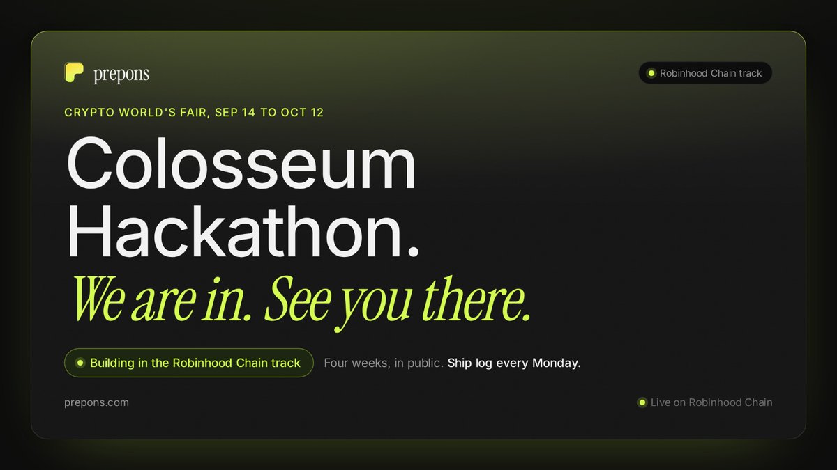 Prepons_com's tweet photo. Colosseum Hackathon. We are in.

Crypto World's Fair, Robinhood Chain track. Four weeks, building in public.

Every launchpad has three phases. We entered with the fourth.

@colosseum @RobinhoodCrypto @vladtenev https://t.co/1xGaYQwSU1