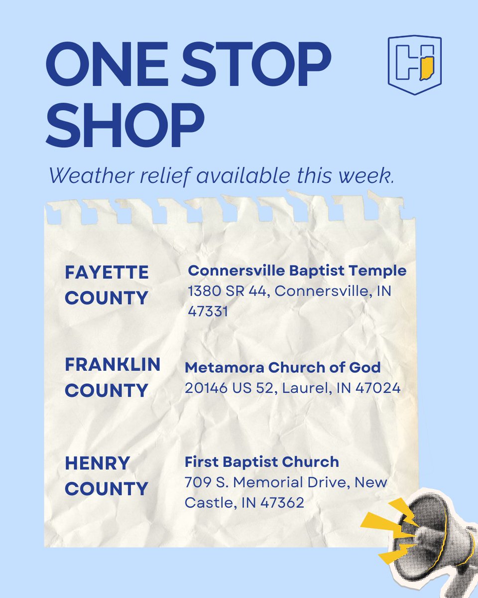 StateHealthIN's tweet photo. Weather recovery One Stop Shops are coming to Fayette, Franklin, and Henry counties this week. Residents affected by severe weather can access free resources for cleanup, vital records, insurance, social services, housing support, and more. See graphics for details. https://t.co/pODyBqtwyA