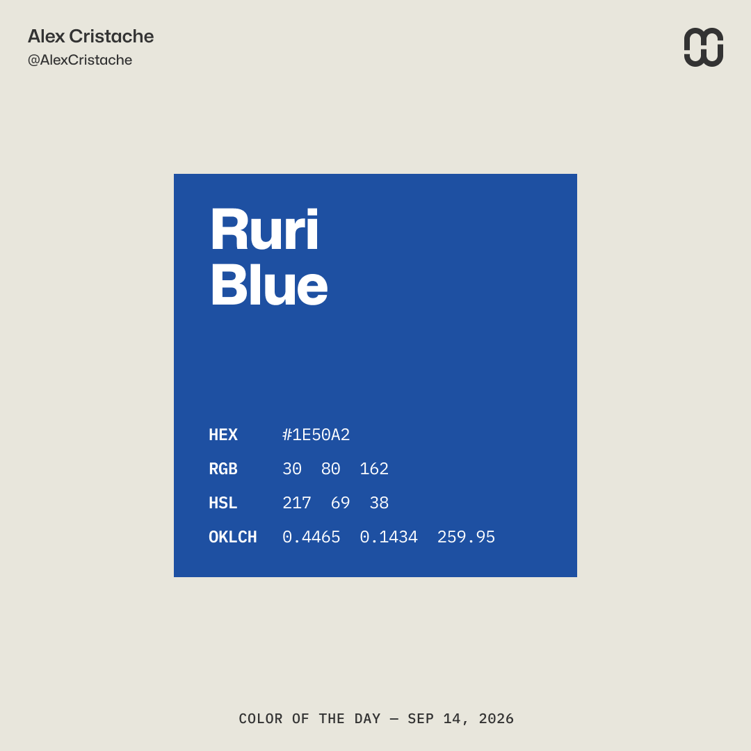 AlexCristache's tweet photo. "Ruri Blue" – 1E50A2 – is the Color of the Day.
Check out this beautiful blue.
Quite a gem isn't it?
瑠璃
#ColorOfTheDay #ColorInspiration https://t.co/AKtYiGfMbF