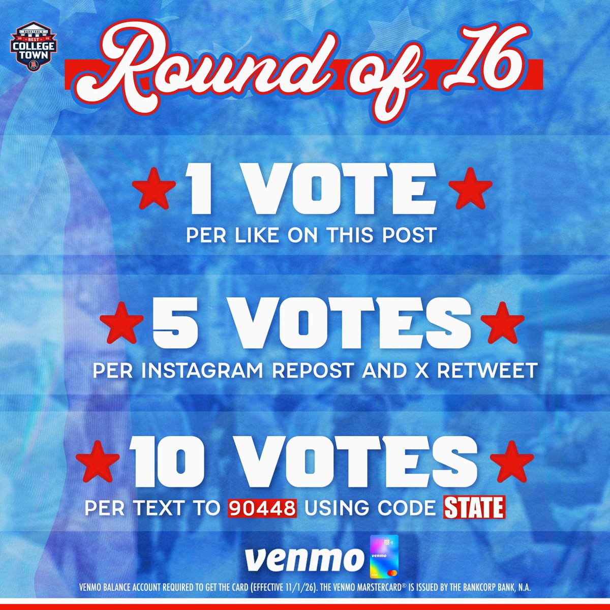PSUBarstool's tweet photo. 🚨 STATE COLLEGE NEEDS YOUR VOTE 🚨#StateCollegeBCT

Barstool Best College Town Round of 16 is officially LIVE!

⏰ Voting closes Wednesday at 11:59 PM ET

Presented by @venmo https://t.co/mBJQyRcFNi