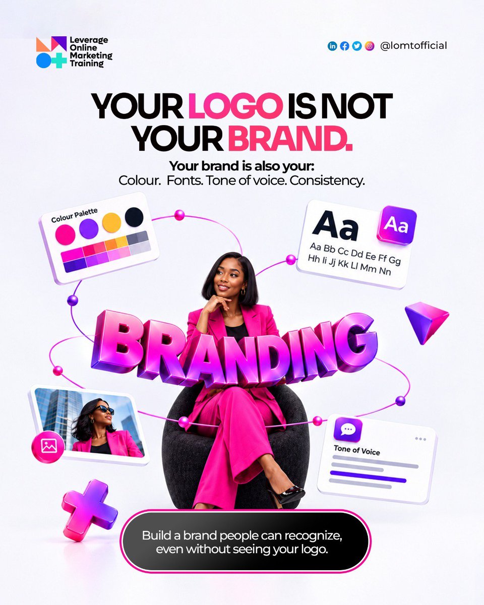 Lomt_official's tweet photo. Your logo is ONLY one piece of your brand.
Your colours, fonts, tone of voice, visuals and consistency all tell your brand story.
Build a brand people can recognize, even without seeing your logo
#lomt #branding #businessbranding #brandIdentity #businessowners https://t.co/Shcvfk7UQY