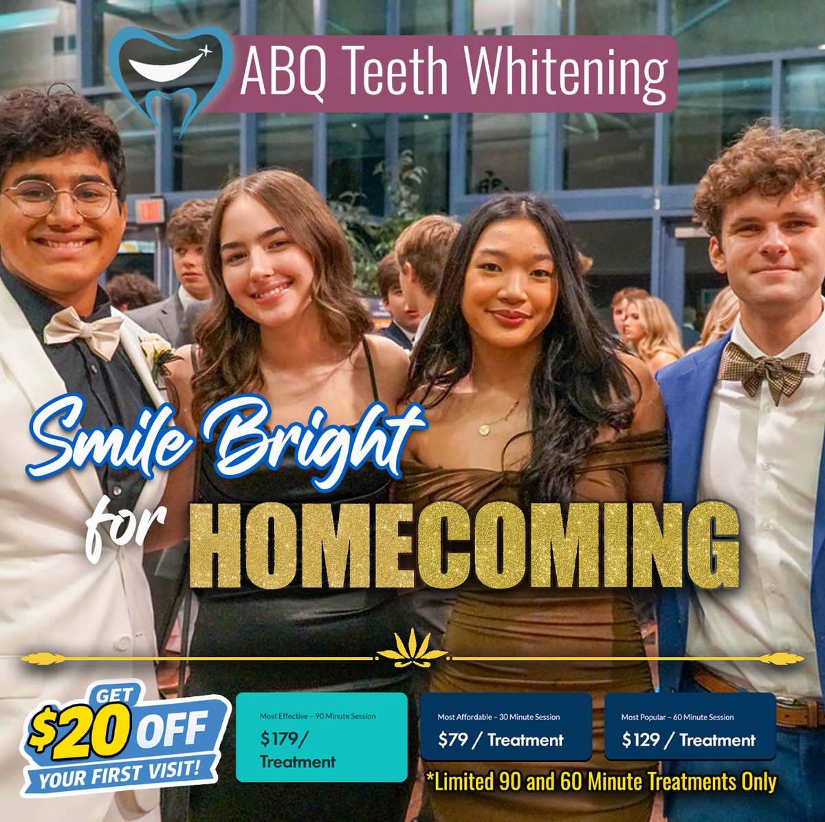 AbqTeethWhite's tweet photo. It's home coming! Get your teeth whitened for your night out. First time clients get $20 off on the 60 or 90 minute treatment. Use Coupon Code: FirstTime at https://t.co/kpdbRO21AO

#homecoming #highschool #dance #teethwhitening #Albuquerque https://t.co/pgVysk5Ged