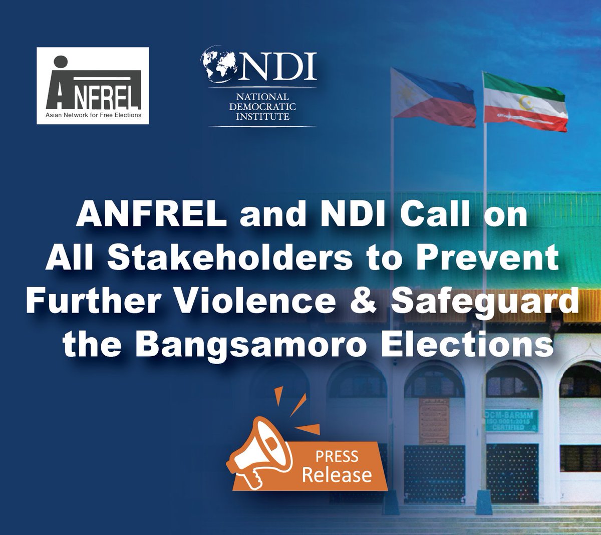 NDI's tweet photo. 🆕 @Anfrel &amp; #NDI are gravely concerned about the rapid escalation of violence surrounding the #BARMM Parliamentary Elections.🗳️
We urge all stakeholders to prevent further violence &amp; safeguard the #Bangsamoro elections.
Read the full statement ⬇️
https://t.co/luXAvLRmFl https://t.co/CET5YKxLqz