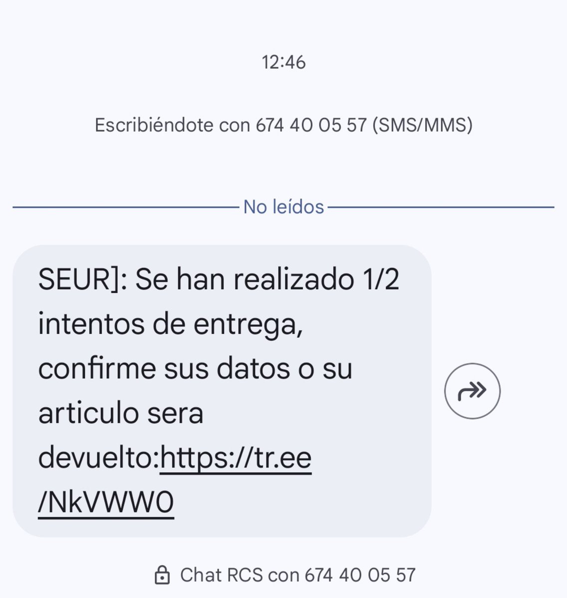 elhackernet's tweet photo. 🪝Phishing Seur 🇪🇸

«SEUR]: Se han realizado 1/2 intentos de entrega, confirme sus datos o su articulo sera devuelto:https://tr[].ee/NkVWW0 »

https://t.co/q0yzHfwJq3 https://t.co/RO6e52tnfF