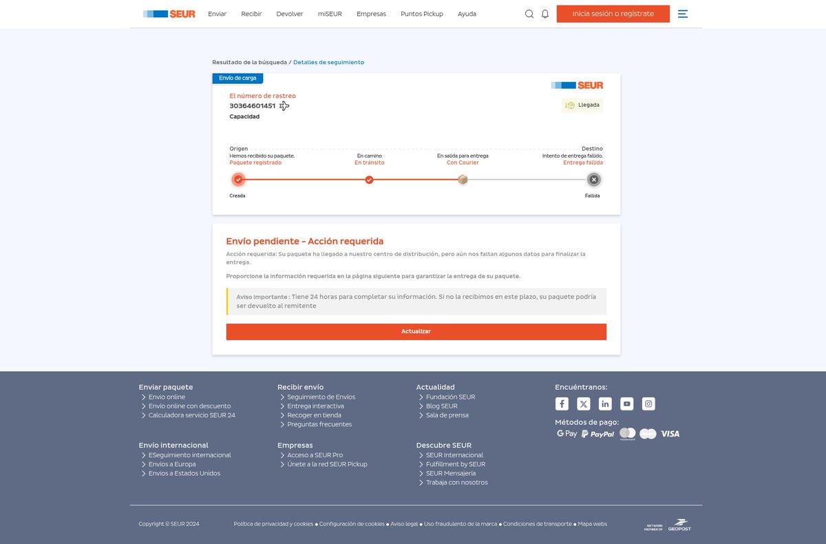 elhackernet's tweet photo. 🪝Phishing Seur 🇪🇸

«SEUR]: Se han realizado 1/2 intentos de entrega, confirme sus datos o su articulo sera devuelto:https://tr[].ee/NkVWW0 »

https://t.co/q0yzHfwJq3 https://t.co/RO6e52tnfF