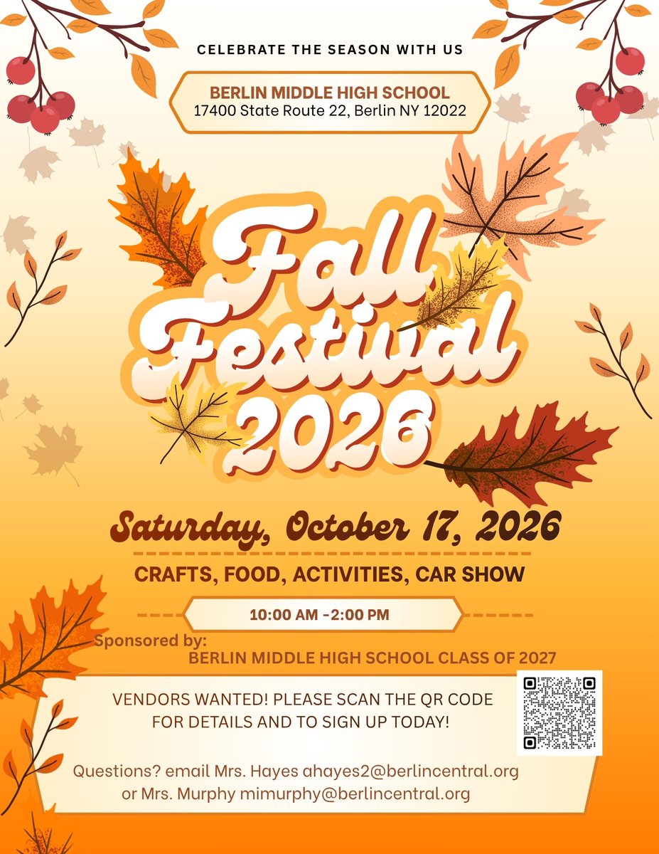 BerlinCSD's tweet photo. Come out to support the BMHS classes and clubs, shop local vendors, and enjoy fun activities for all at the annual BMHS Fall Fest &amp; Car Show on October 17th from 10 am - 2 pm! No admission fee. We hope to see you there! More details: https://t.co/1dVrN9MvNA https://t.co/1EHU29qwaD