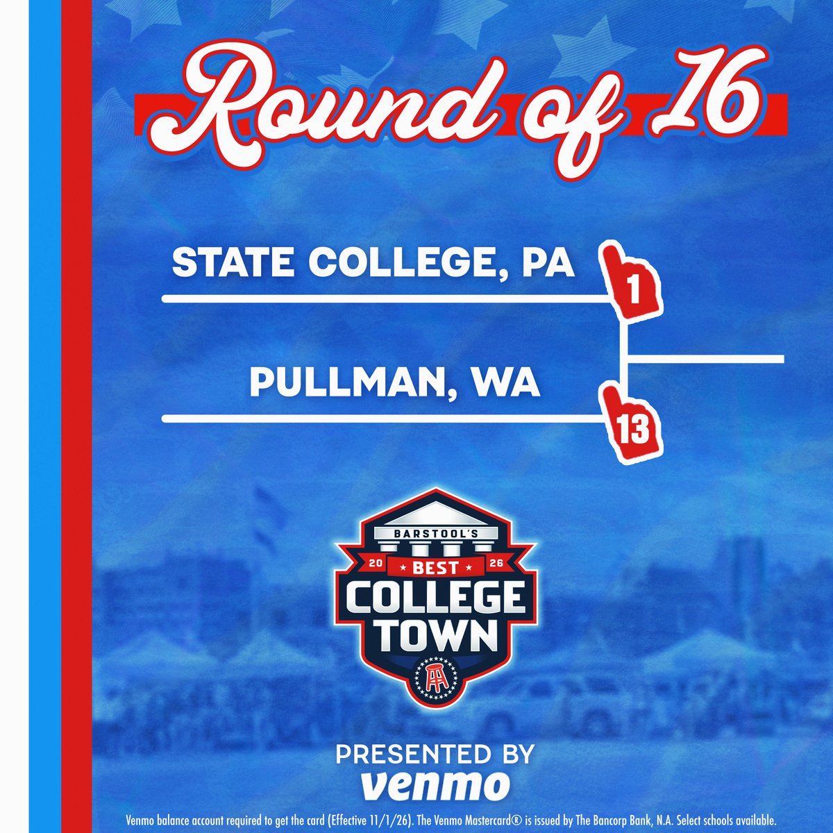 PSUBarstool's tweet photo. 🚨 STATE COLLEGE NEEDS YOUR VOTE 🚨#StateCollegeBCT

Barstool Best College Town Round of 16 is officially LIVE!

⏰ Voting closes Wednesday at 11:59 PM ET

Presented by @venmo https://t.co/mBJQyRcFNi