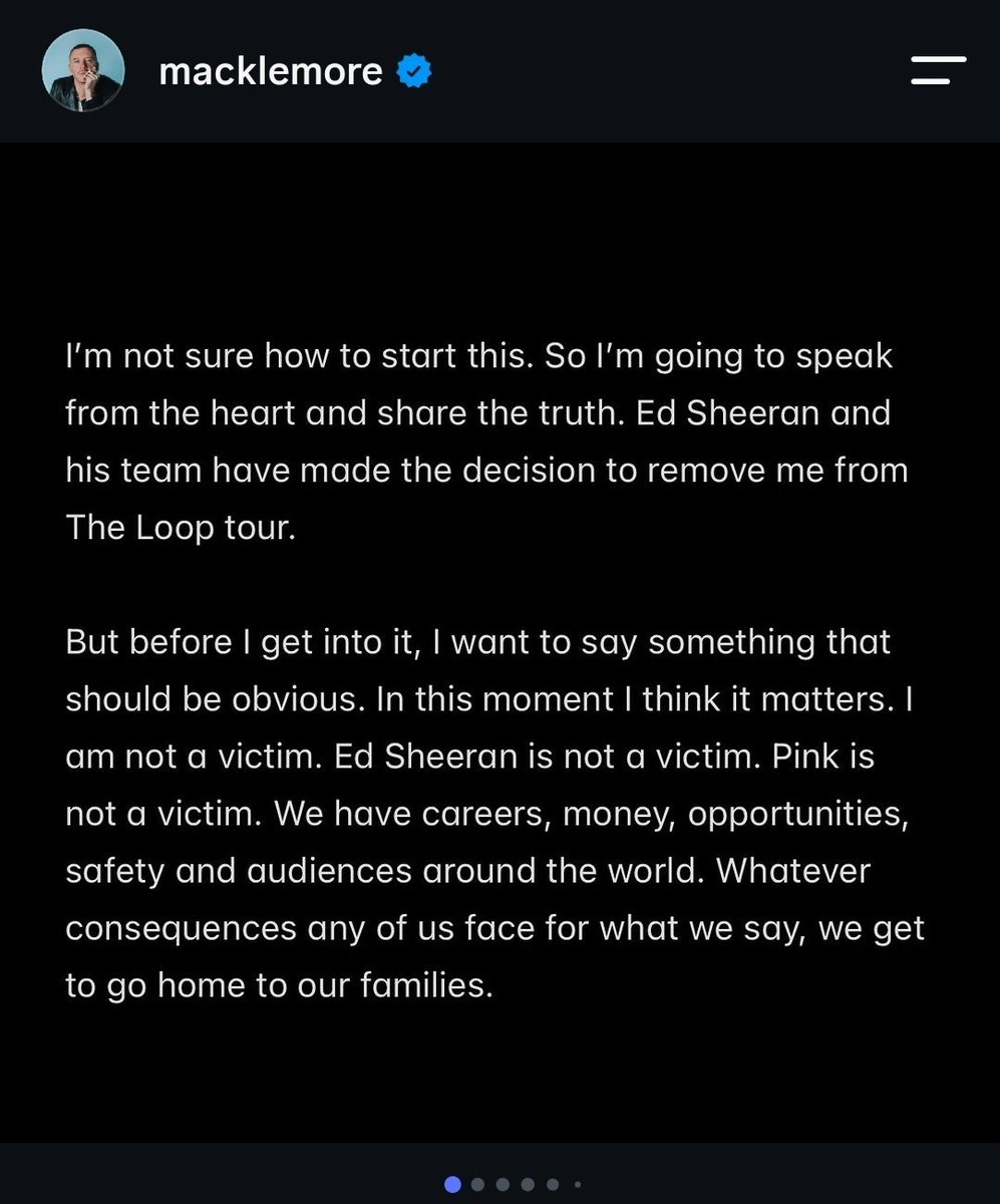 I_amMukhtar's tweet photo. Macklemore released a statement after being dropped from the Ed Sheeran's tour.

"I’m not sure how to start this. So I’m going to speak from the heart and share the truth. Ed Sheeran and his team have made the decision to remove me from The Loop Tour."

🧵👇🏾 https://t.co/Kuq5dYD0R8