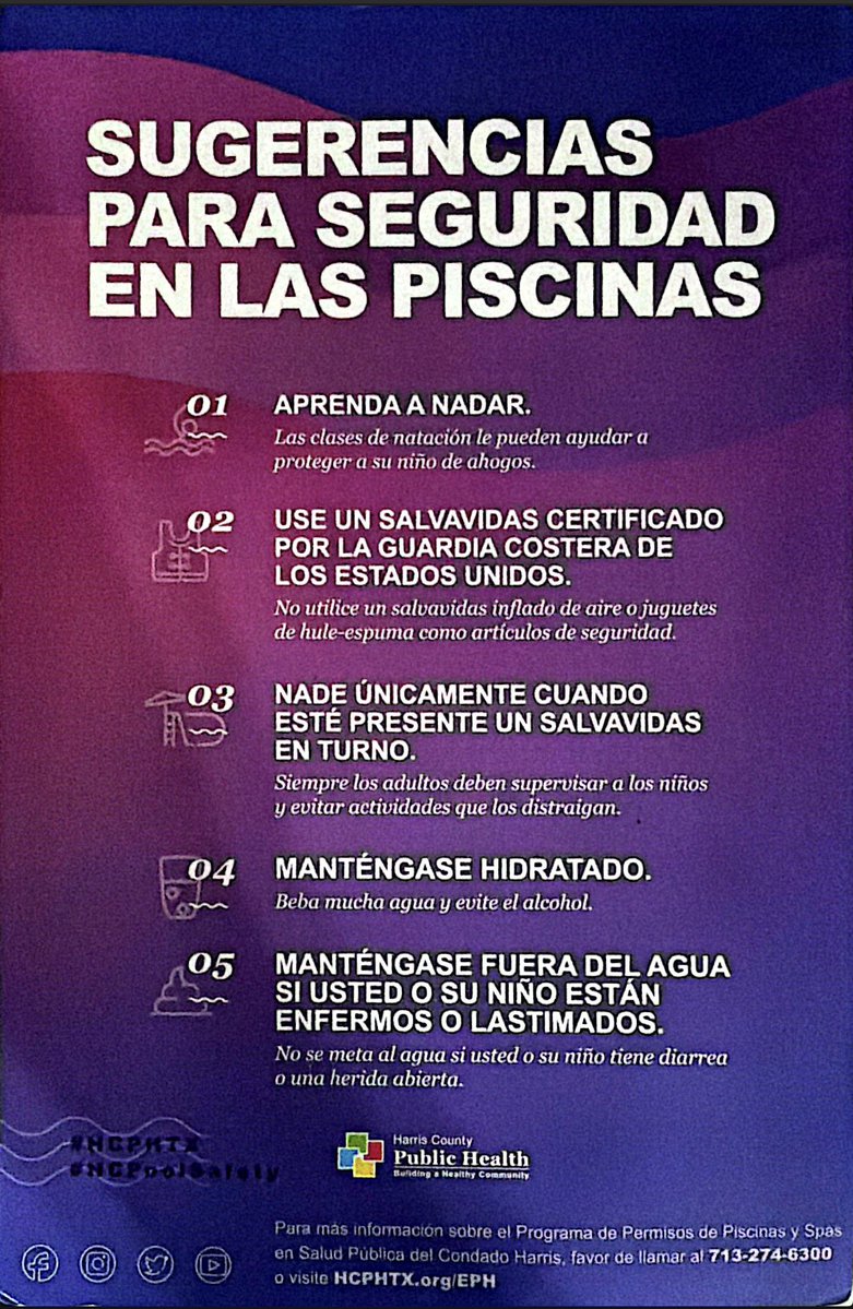 SorccHouston's tweet photo. La prevención también es una forma de cuidar a nuestra comunidad. 💙🏊‍♀️
Compartimos estas importantes recomendaciones de Harris County Public Health para disfrutar de las piscinas de manera más segura, especialmente cuando hay niños presentes.

Infórmate, previene y comparte información de.@hcphtx