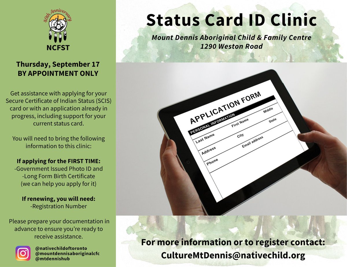 NCFST's tweet photo. Need support applying for or renewing your Secure Certificate of Indian Status (SCIS)? Our Mount Dennis Hub (1290 Weston Road) is hosting a Status Card ID Clinic on September 17.

Registration is required. See flyer for details.

@mountdennisaboriginalcfc @mtdennishub https://t.co/9Mu971xQaQ