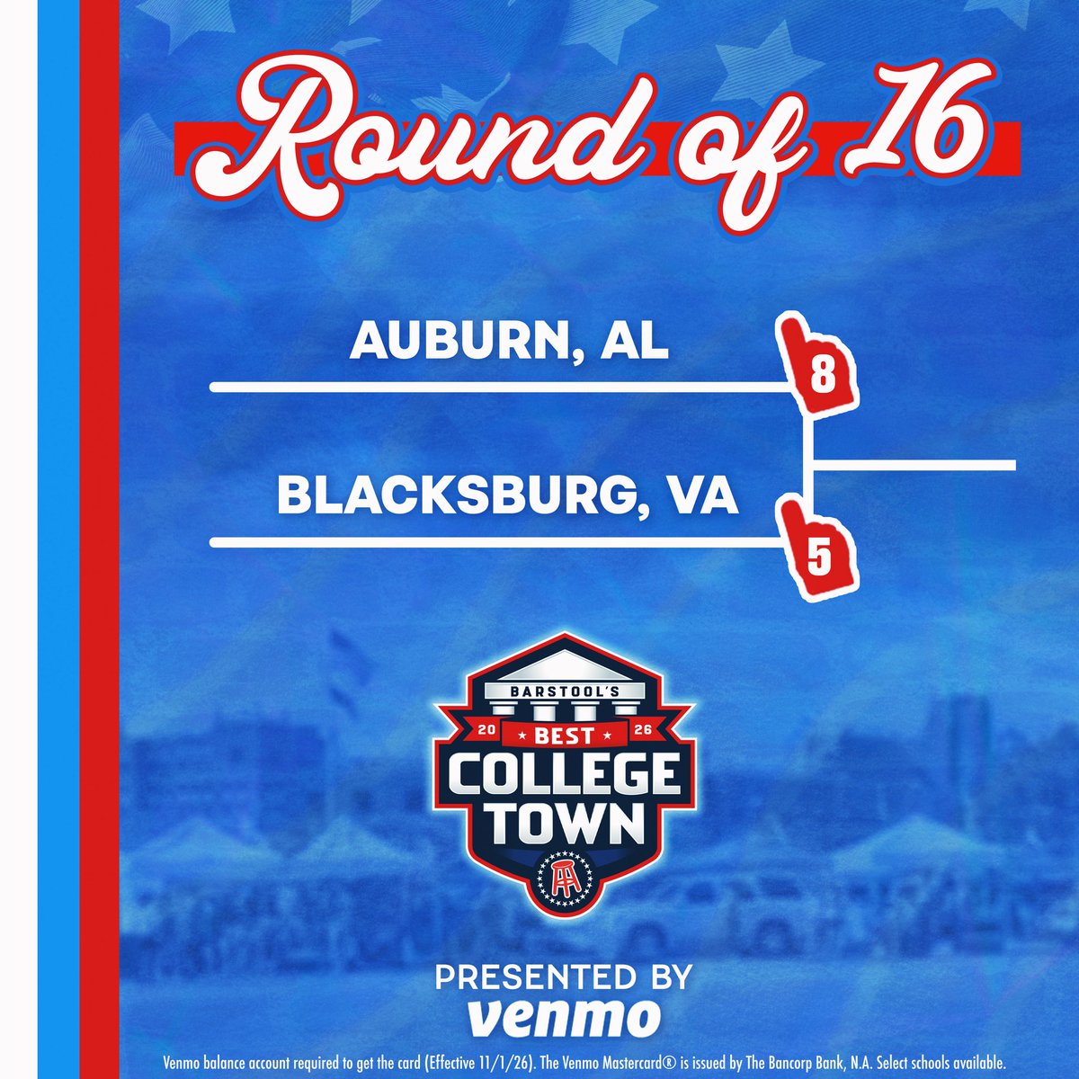 BarstoolVTech's tweet photo. 🚨  BLACKSBURG NEEDS YOUR VOTE 🚨#BLACKSBURGBCT

Barstool Best College Town Round of 16 is officially LIVE!

⏰ Voting closes Wednesday  at 11:59 PM ET

Presented by @venmo https://t.co/vpbvCKYXi2