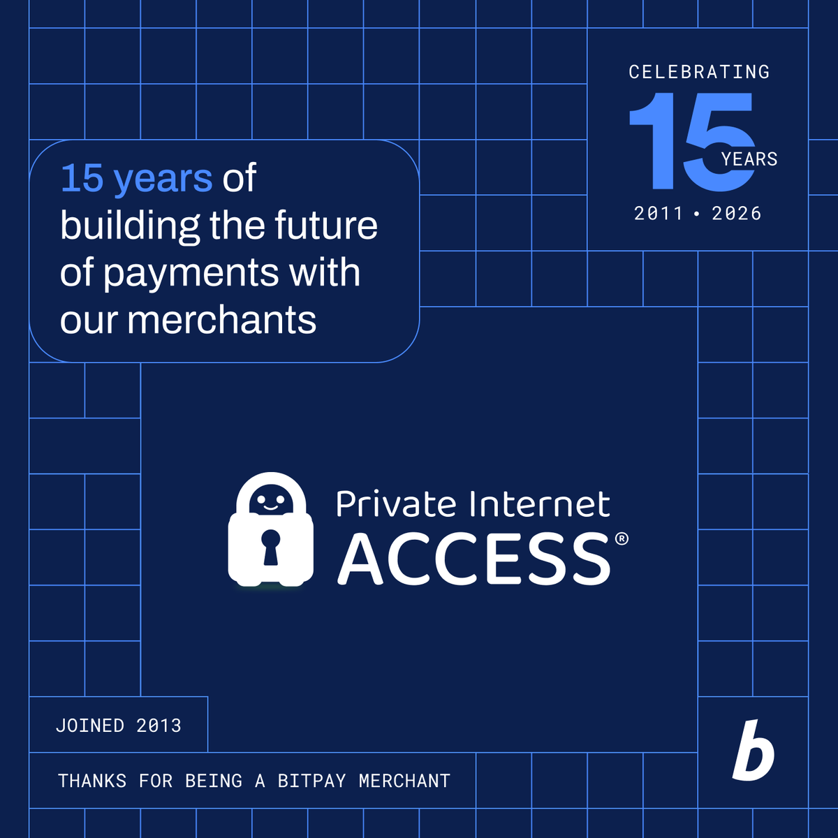 BitPay's tweet photo. Private Internet Access has accepted crypto with BitPay since 2013. 13 years, quietly consistent. https://t.co/HesUb7CBkI